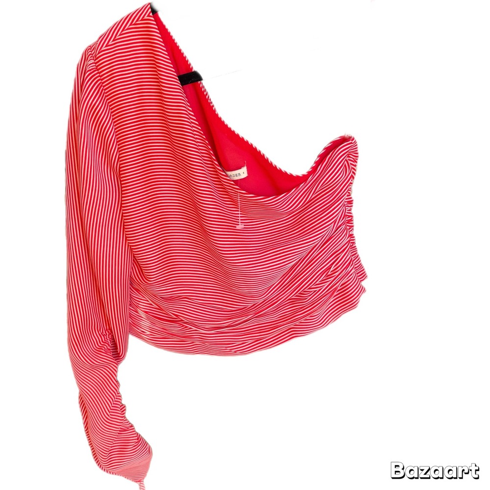 The East Order One Shoulder Long Sleeve Crop Top Red & White‎ Stripe Chiffon S